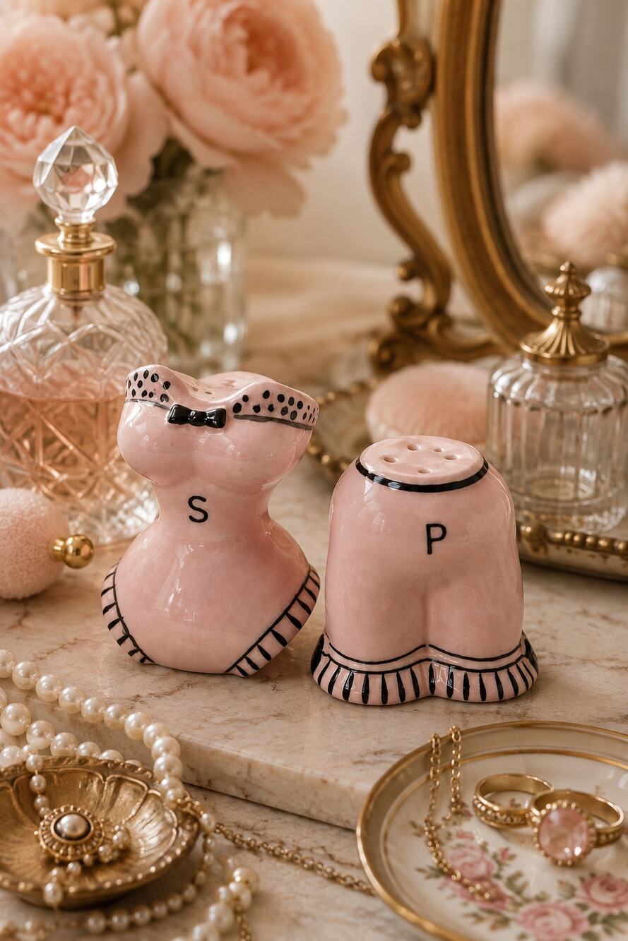 Vintage Enesco Japan Pink Lingerie Salt Pepper Shakers Corset Girdle MCM Kitsch